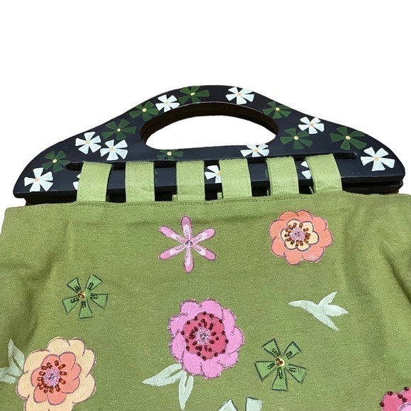 USINDO Green Fabric Purse w/Floral Design & Wooden Handles - Picture 2 of 9